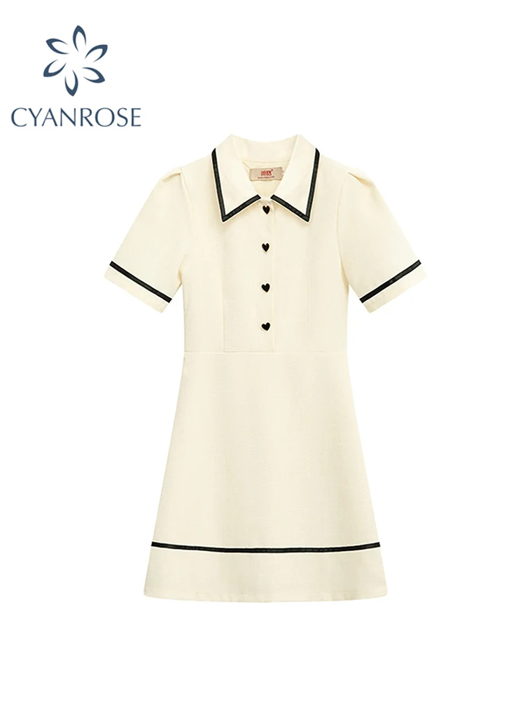 

Summer Vintage Short Sleeve Korean Women's Dress Button Turn-down Collar Solid Color Vestido French Elegant Office Lady Dresses