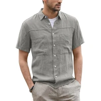 2022 summer new fashion casual button up men shirt cotton linen short sleeve two pocket wide collar tops men clothing streetwear
