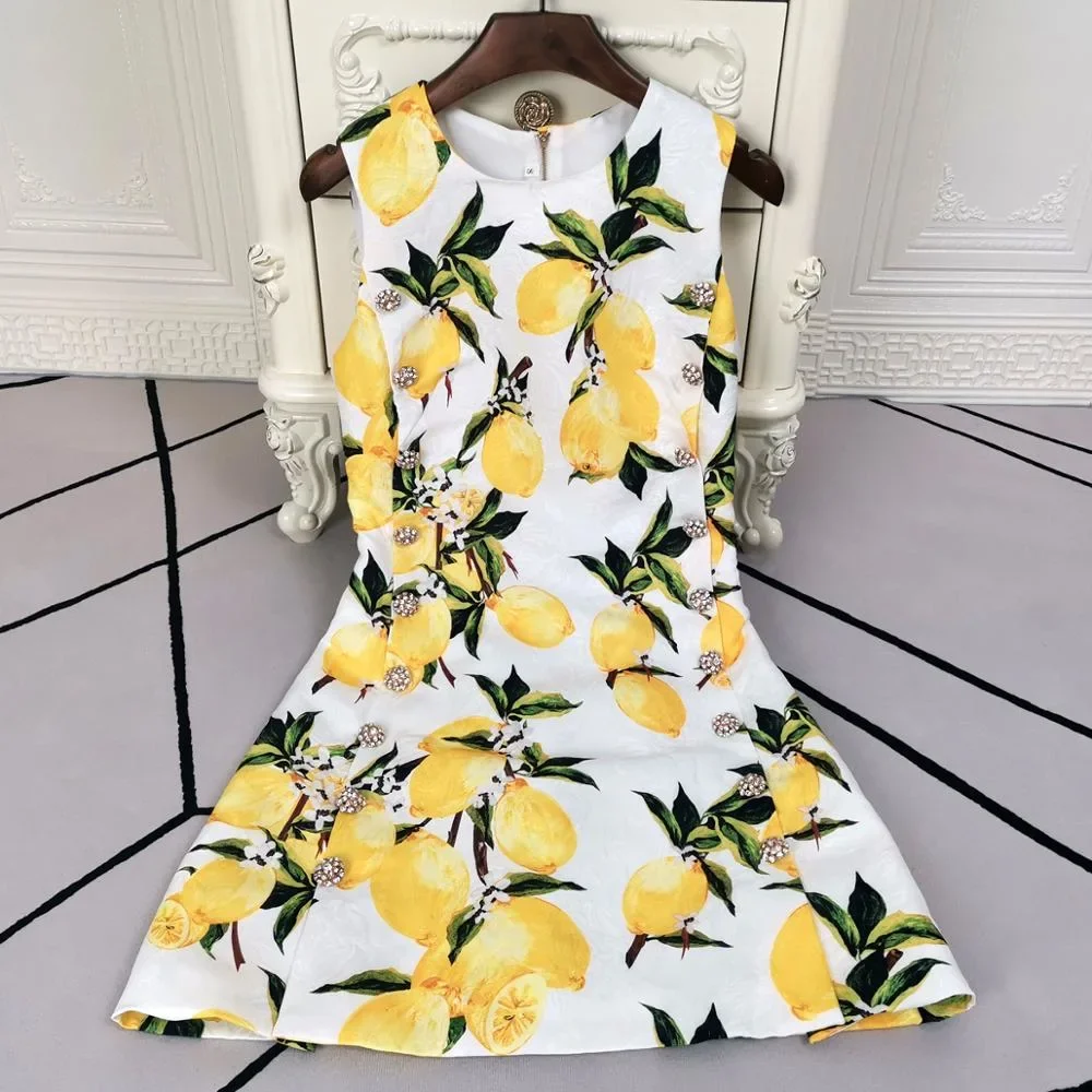 

High Quality 2022 Summer New Women'S Fashion Party Casual Beach Vintage Chic Diamonds Button Lemon Print Mini Vest Dress