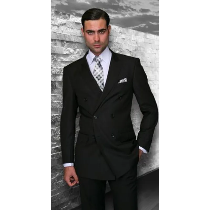 Men's 2-piece Black (Jacket + Trousers) Solid Color 2023 Casual Business Slim-fit Lapel Handsome Two-button Formal Double-breast
