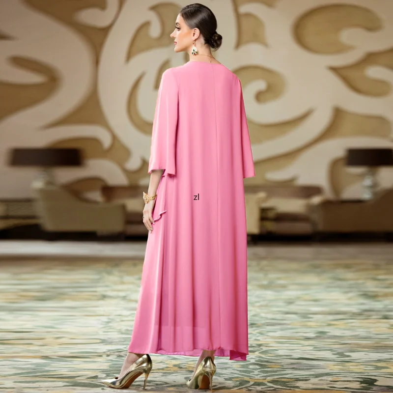 Sweet Cherry Blossom Pink Hand Sewn Diamond Beaded Chiffon Long Dress Modest Muslim Dubai Moroccan Jalabiya Eid-al-Adha 2023