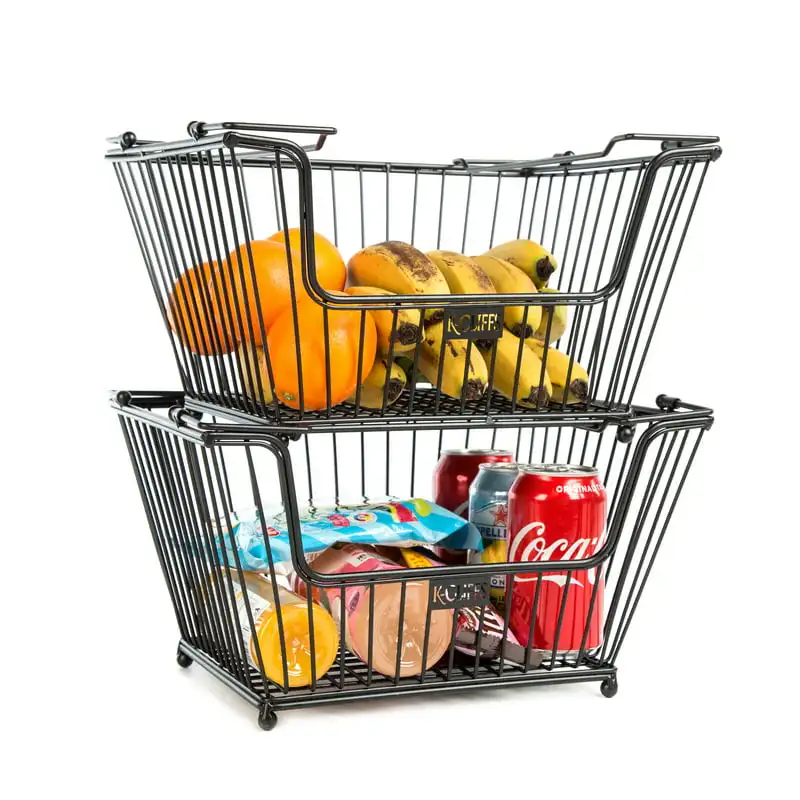 

3pcs High Quality Black Metal Wire Stackable Duty Baskets, Bread Storage Bins for Grocery Store, Market, Office Kitchen Pantry,