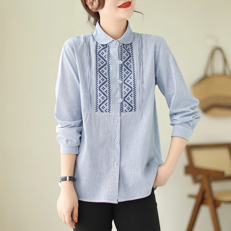 

Женская рубашка в полоску, винтажная блузка в стиле пэчворк, свободная Модная элегантная одежда для весны и лета, топы с длинными рукавами и вышивкой