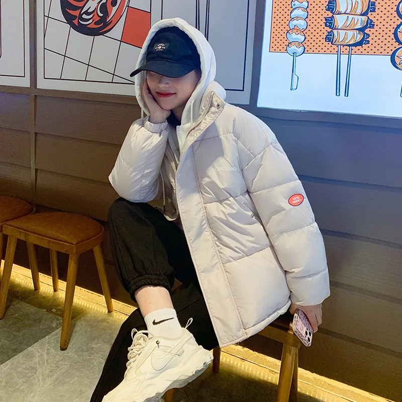 Parkas Women Short Chic Hooded Fake Two Pieces Cotton Jacket plus Size Loose Cotton Padded Jacket Cotto Jacket Winter Coat Women