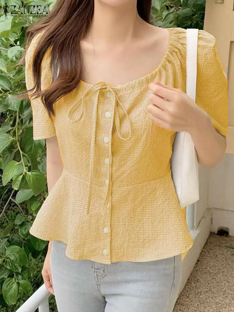 

ZANZEA Crewneck Drawstring Short Sleeve Peplum Tops Casual Summer Ruffled Hem Women Shirts Korean Fashion Checked Plaid Blouses