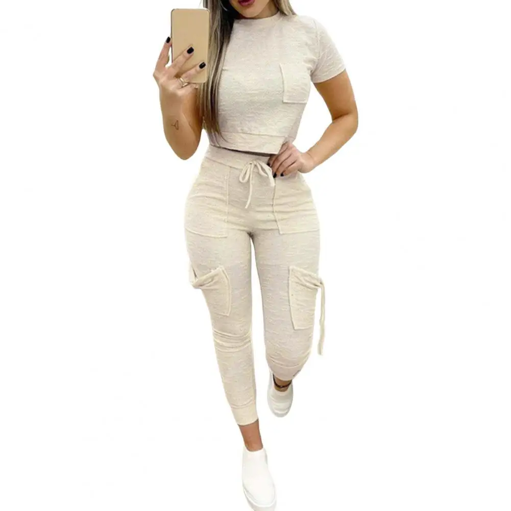 

Stylish Sports Outfit Skin-touching Casual Outfit O-neck Dressing Up Solid Color Crop Top Drawstring Pants Matching Set