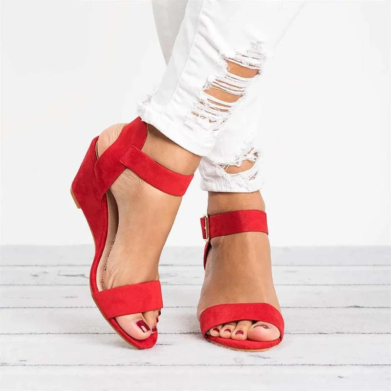 

2023 New Summer Women's Sandals Fashion Buckle Shoes Open Toe Wedge Casual Shoes Women Plus Size 43 Candy Color Sandals Women
