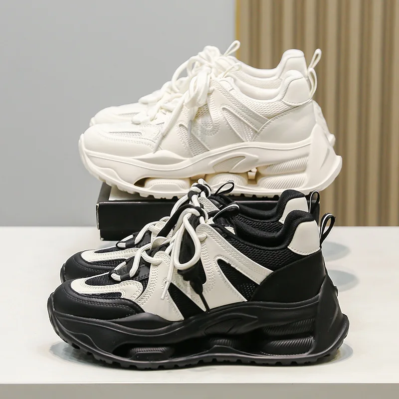 

Women Chunky Sneakers Genuine Leather Lace-Up Round Toe Fashion Platform Ladies Spring Summer Casual Shoes Handmade