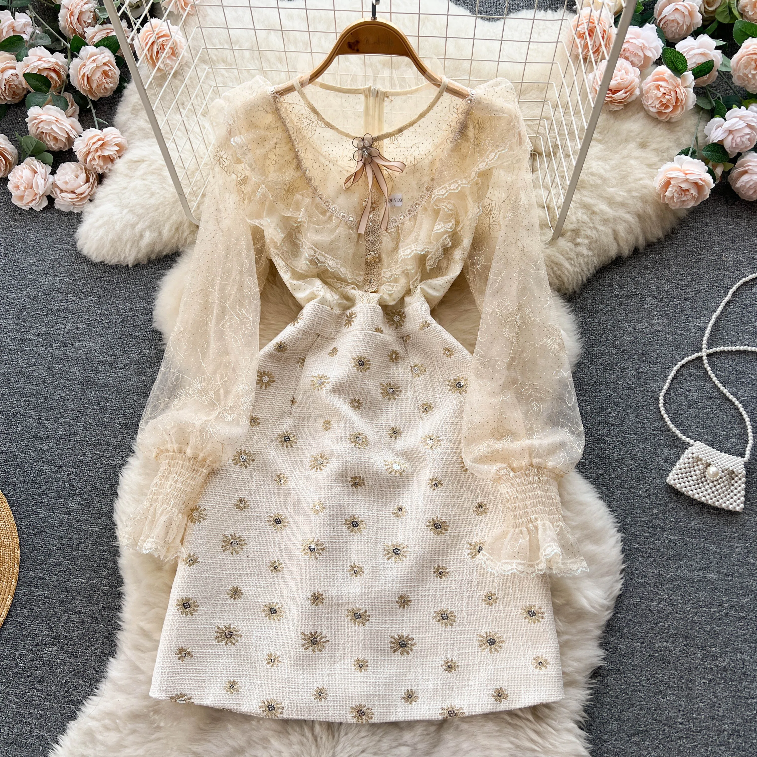 

Autumn Elegant Midi Dress for Women Lace Patchwork Cascading Ruffled Vintage Female Tarf Long Sleeve High Waist Party Vacation