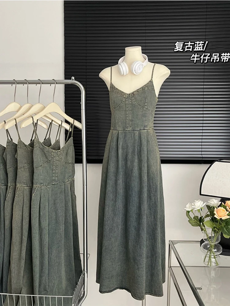 Summer Retro Wash Gradient Women Denim Halter One-Piece Pleated Slim Stretch Zipper Suspender Dress Vintage Ankle-Length Chic