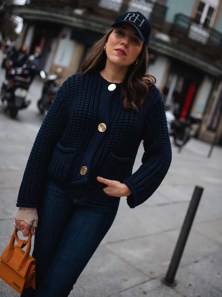 Элегантный однотонный вязаный кардиган с круглым вырезом женская мода