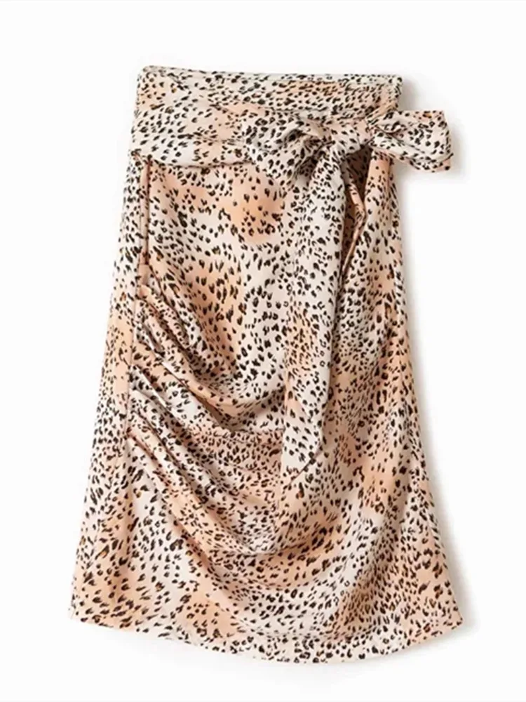 

Leopard Print Women Midi Skirt Waistband Lace-Up All-Match Slit Ladies Fashion Long Jupes 2022 New Summer