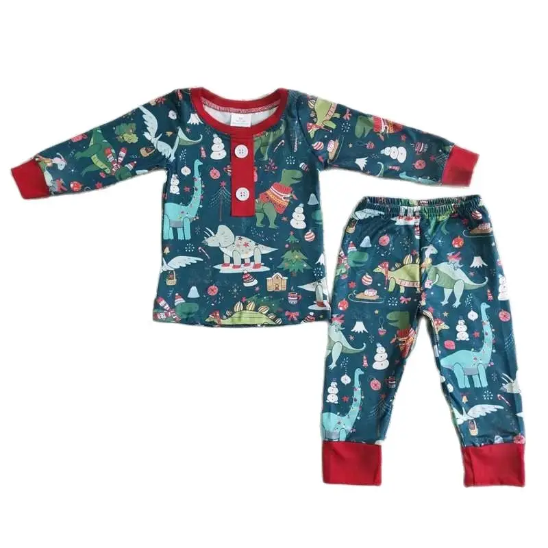 

6C11-40 Boys Truck Christmas Tree Elements Long Sleeve Pants Pajama Set Boy Clothes