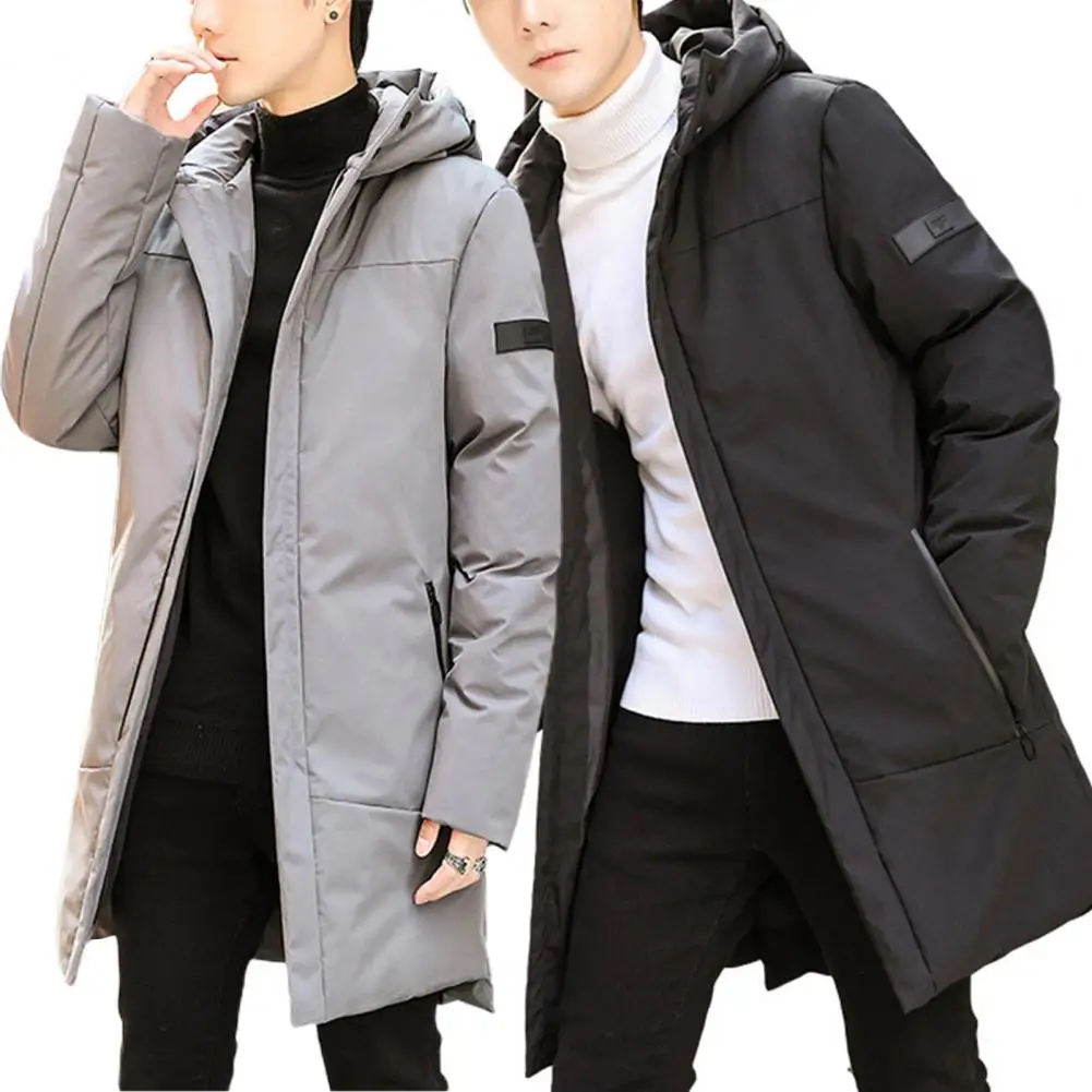 Men Winter Coat Thicken Mid Length Solid Color Padded Hooded Keep Warm Zipper Pockets Plus Size Winter Cotton Coat for Outdoor