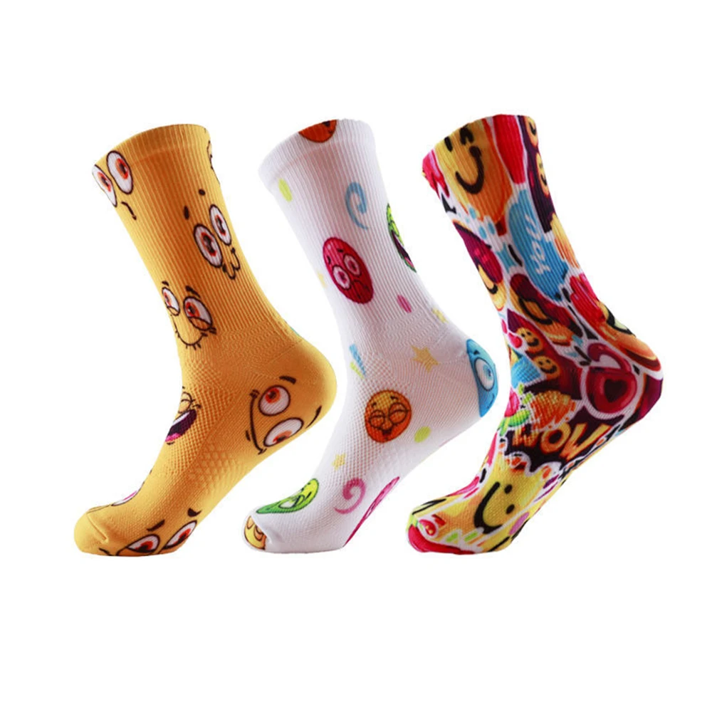 3Pairs Women Fashion Socks Cartoon Cute Smiley Pattern Happy Colorful Sock Unisex Sports Casual Print Polyester Mid Tube Socks