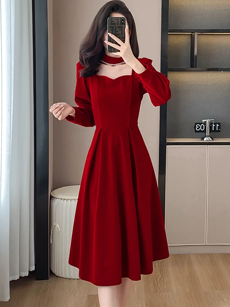 

Женское Красное шикарное платье с бисером и квадратным вырезом для свадьбы, элегантное роскошное платье на осень и зиму, платье 2023, корейское винтажное платье боди