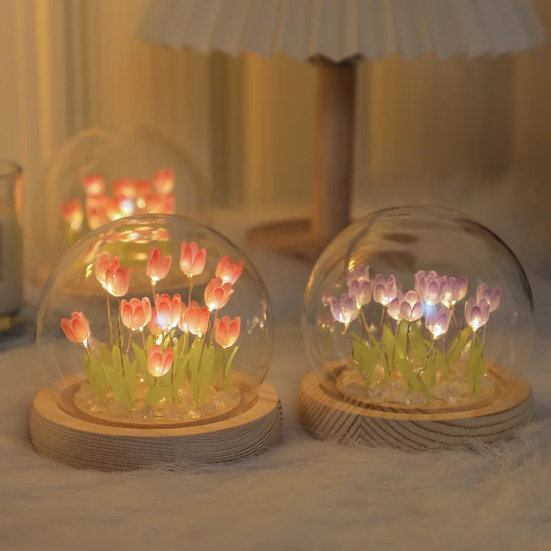 Handmade Tulip Night Light Heat Shrinkable Film Diy Material Bedside Ornament Home Decor Exquisite Gift for Mother Gitlfriend