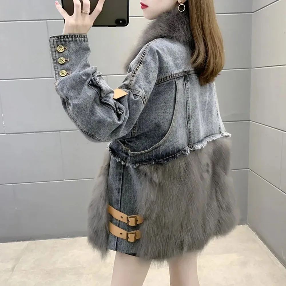 Denim Jackets Womens Mid-length Faux Fur Coat Imitation Fox Fur Collar Ladies Thicken Outwear 2022 New Autumn Winter Women Parka