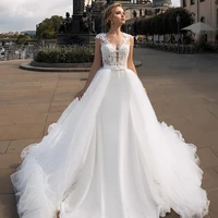 luxury tulle wedding dress scoop neck sleeveless lace appliques detachable train bridal gowns brides dresses vestito da sposa