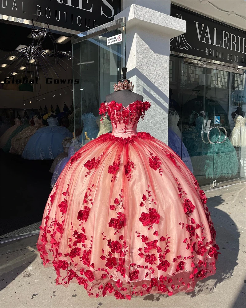 

Red Off The Shoulder Ball Gown Quinceanera Dress For Girls Beaded 3D Flowers Birthday Party Gowns Prom Dresses Lace Up Back
