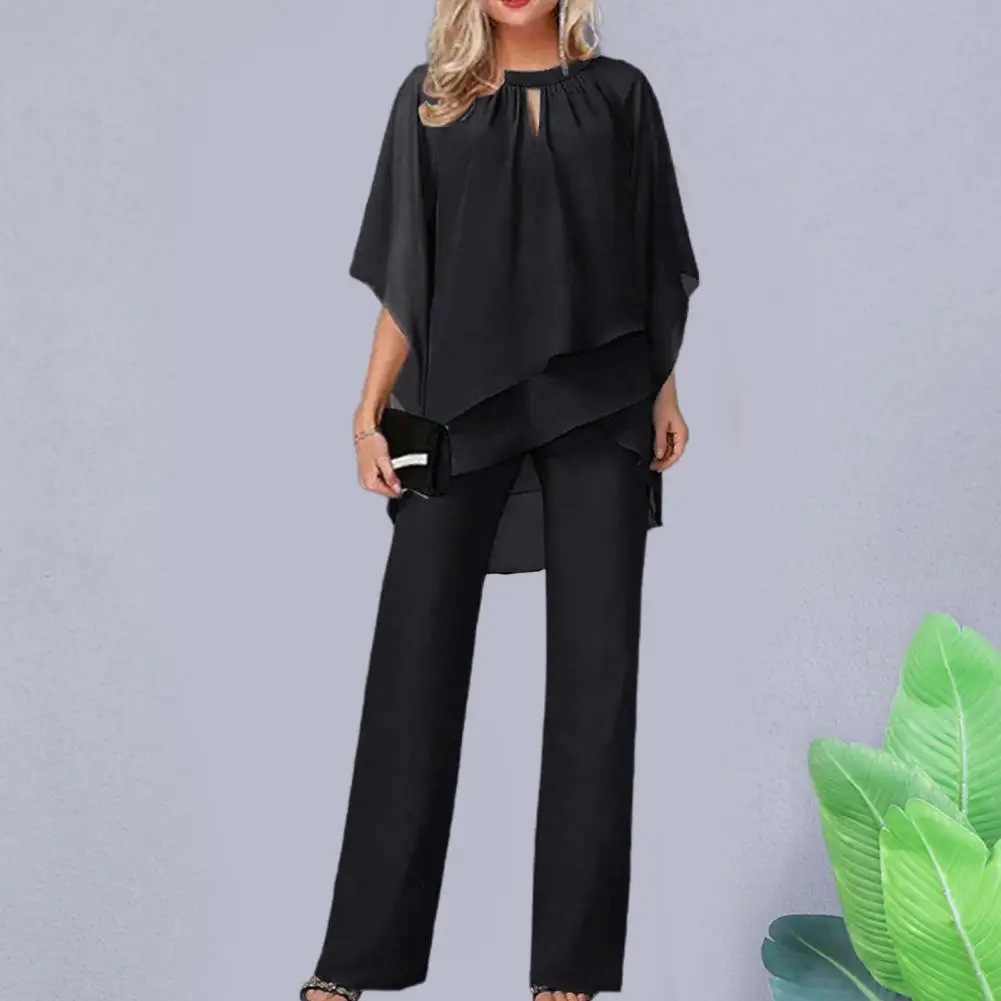 

2 Pcs/Set Women Solid Color Chiffon Outfit Hollow Out Batwing Sleeve Ruffled Irregular Hem Tops High Waist Wide Leg Long Pants