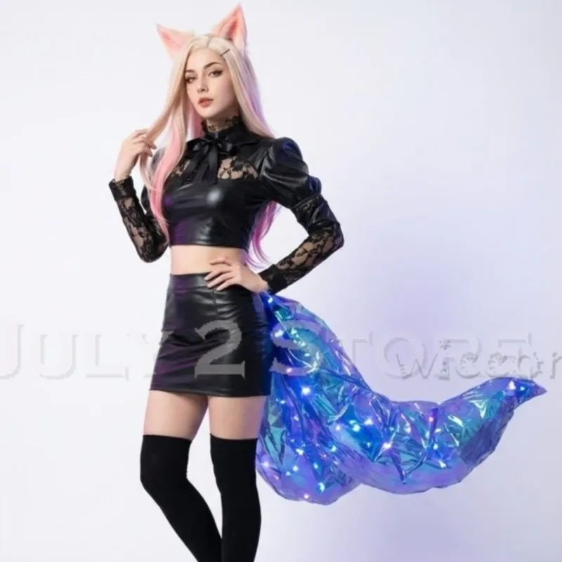Фото Костюм для косплея LOL Ahri KDA The Baddest Sexy – черная униформа + парик + уши + хвост девятихвостой лисы, женский аниме-костюм на Хэллоуин №1