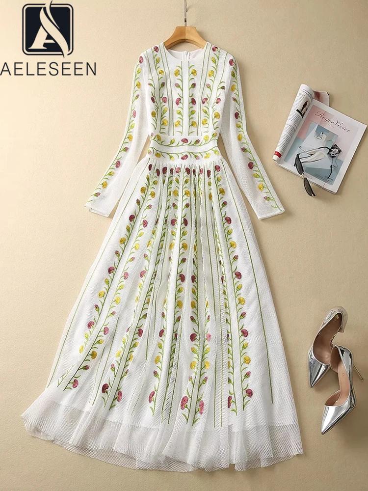 AELESEEN High Quality Women Long Dress Runway Fashion Spring Flower Embroidery Mesh Elegant Luxury Party Vacation