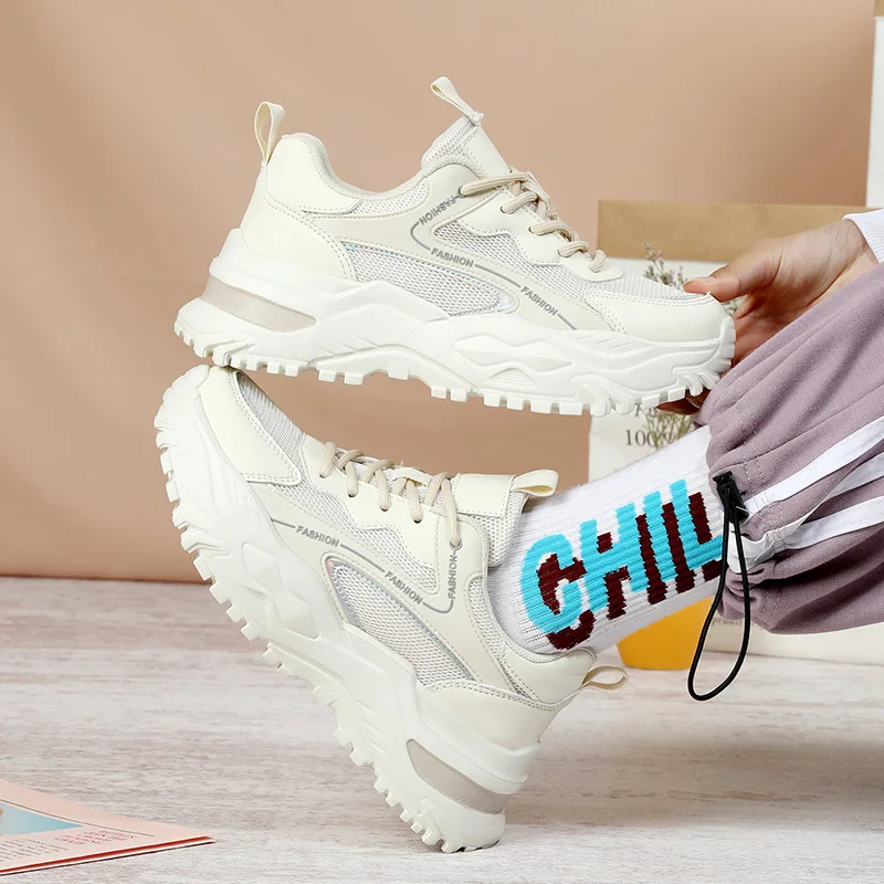 

Breathable Girl Light Casual Shoes Women Thick-Soled Shoes Women Lace-Up Sports Sneakers Zapatillas Mujer Mesh Lady Ins Non-Slip