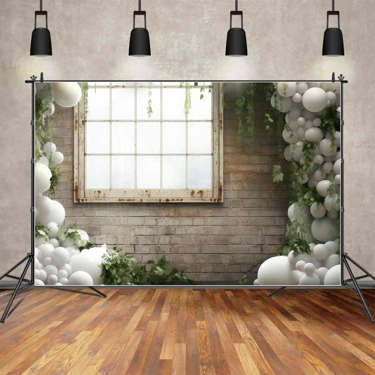 

MOON.QG Backdrop Wedding Brick Portrait Window for Photos Draping White Balloon Green Grass Background Birthday Party Decoration