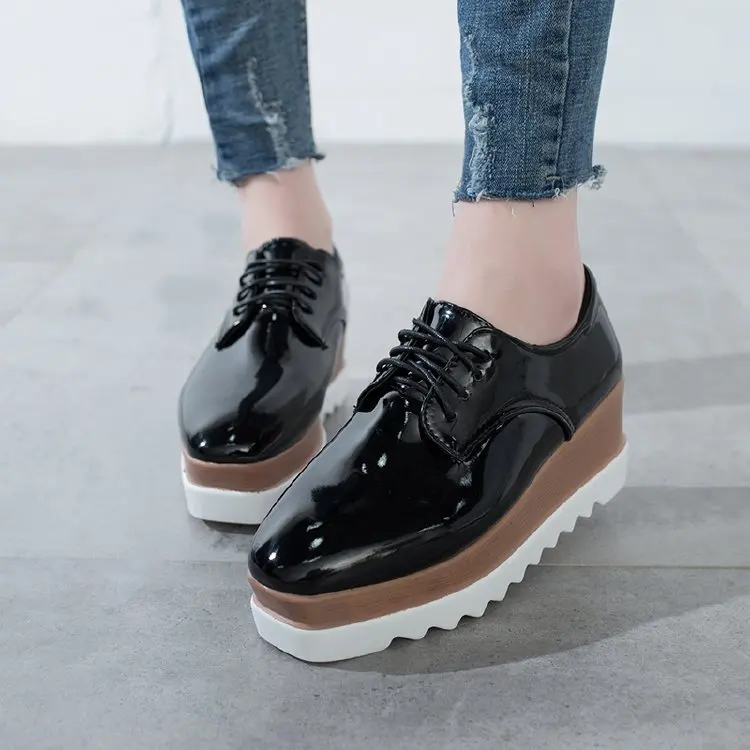 

British Style Square Toe Women's Shoes Platform Patent Leather Ballet Flats Autumn Preppy Clogs New Summer Fall PU Wedges Rubber