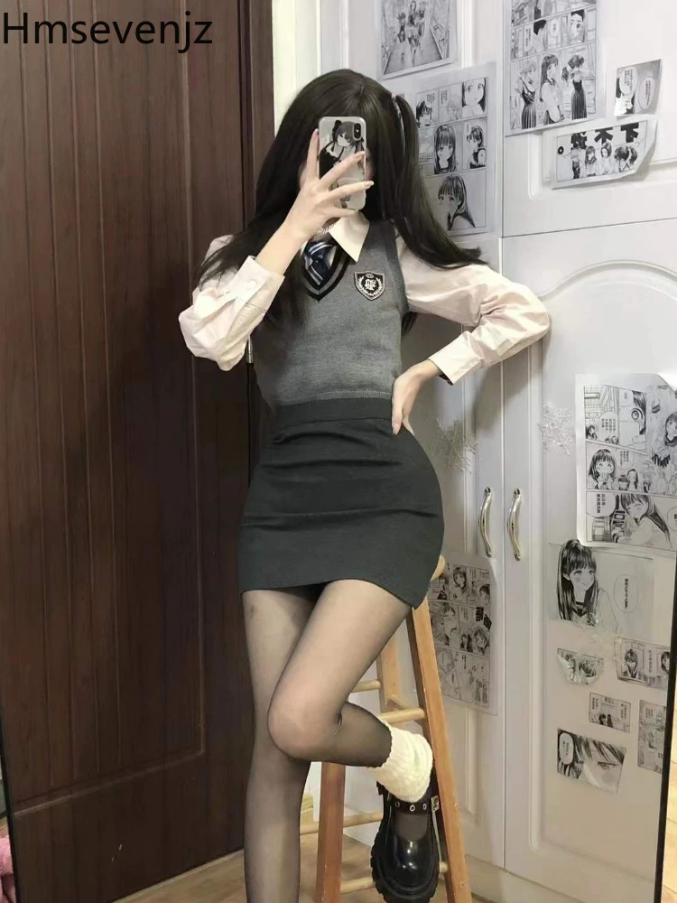 

Hmsevenjz 3-piece Preppy V-Neck Medal Vest + Pink Shirt + High Waist Hip Skirt Suit Knitted Vests Elegant Chic Skinny Sexy Suits