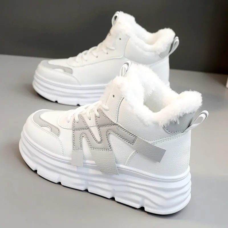 

white Women Letter Pattern Winter Fleece-lined Thermal Chunky Sneakers Non-slip Thick Soled Sports Sneakers platform cotton boot
