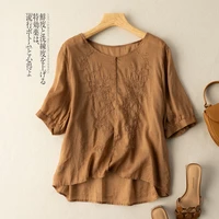 linen embroidery women vintage thin shirts tops o neck short sleeve blouses 2022 summer japanese style loose pullover shirts