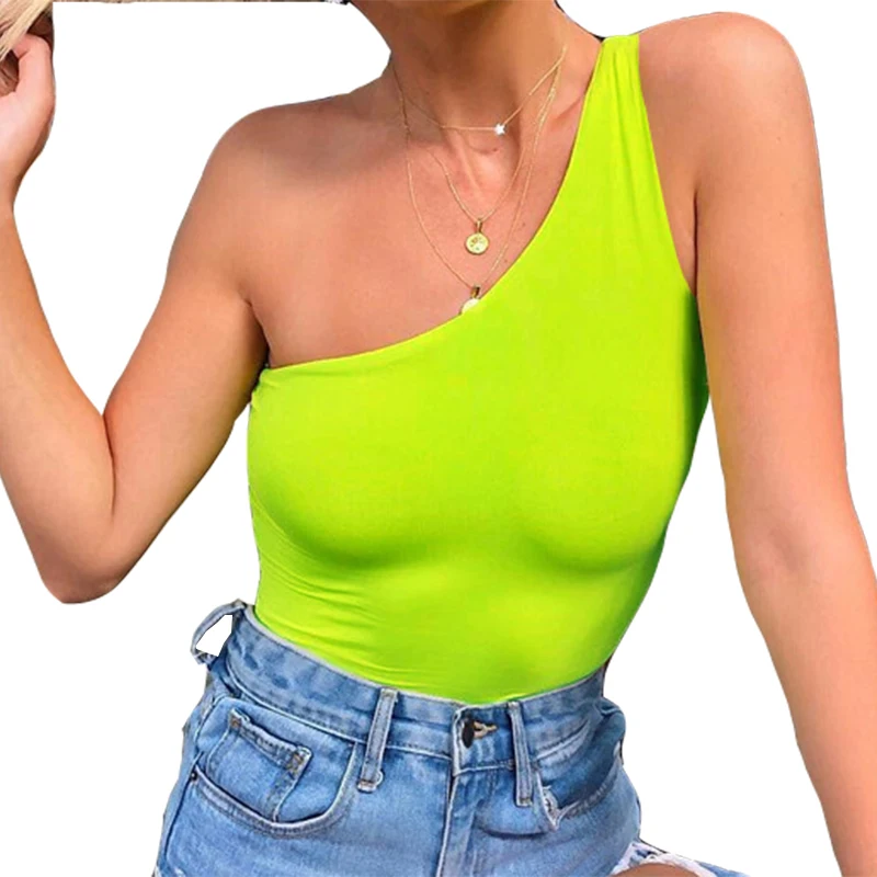 

Slope Neck One-Piece Suits Fashion Mujer One Shoulder Bodysuit Mono Club Overalls Women Neon Green Sexy Body Summer Romper M0046