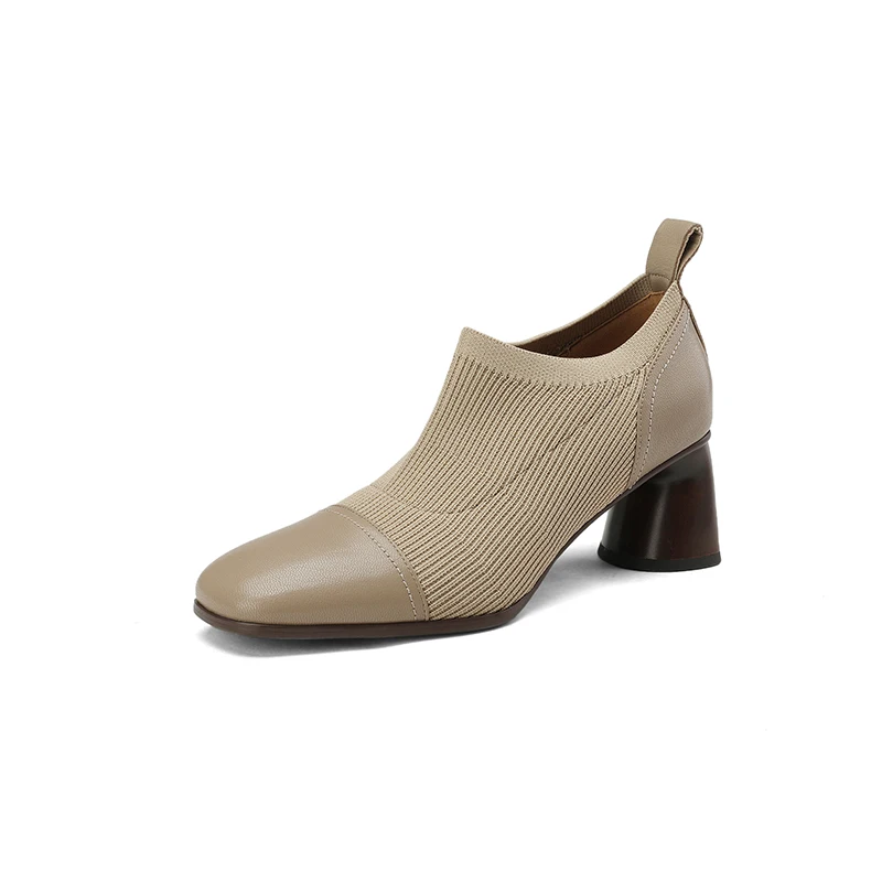 

2023 new Spring women pumps natural leather 22-24.5cm cowhide+knitting+pigskin full leather round toe women shoes high heels