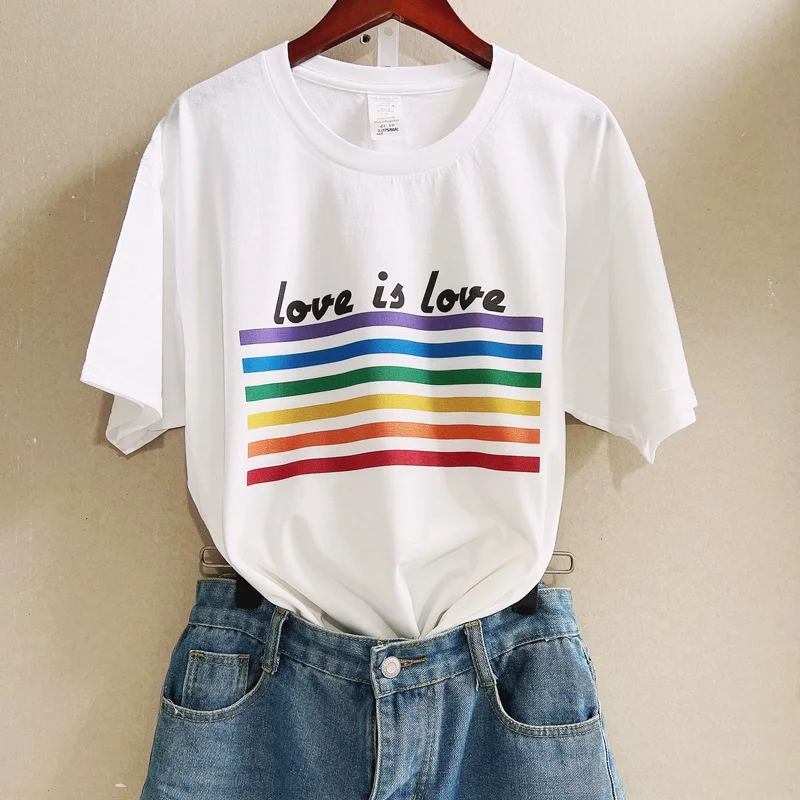 

1pcs Rainbow Love T-Shirt Lesbian Pride Rainbow T-Shirt Harajuku Ulzzang Funny T-Shirt 90s Graphic Love Is Love Top Tee Femal