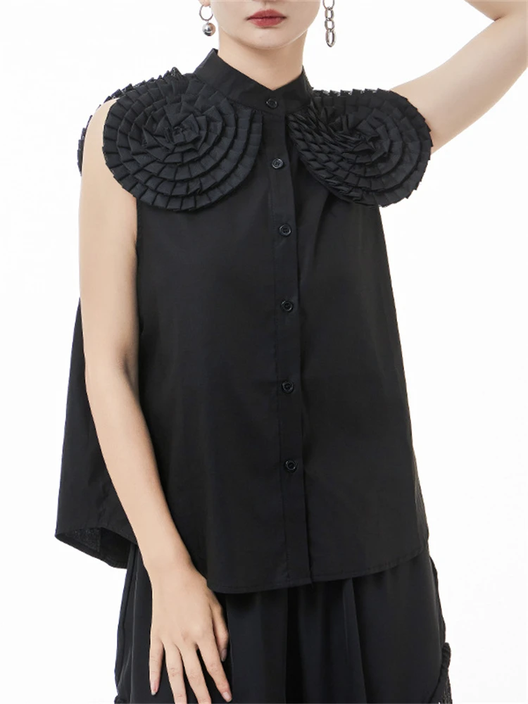 

Three-dimensional Patchwork Black Sleeveless Stand Collar Shirt 2022 Summer Women Streetwear Gothic Loose White Tops Blouse 0225