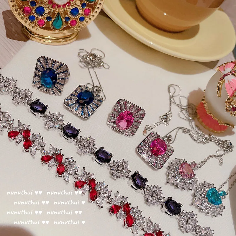 

Gemstone Necklace 18K Gold Plated Multi-Cut Rose Pink Zircon Flower Bracelet Set necklaces for women wholesale