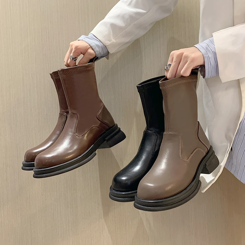 

Elegant Sock Boots Women Genuine Leather Slip on Ankle Boots Ladies Shoes Shoes for Women Platform Boots Women Shoes 2022 New