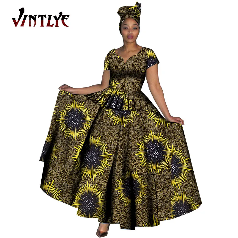 Fashion Women Clothes African Dresses Ankara Print V-neck Maix Long Dresses with Head Scarf Dashiki Women Outfit WY749