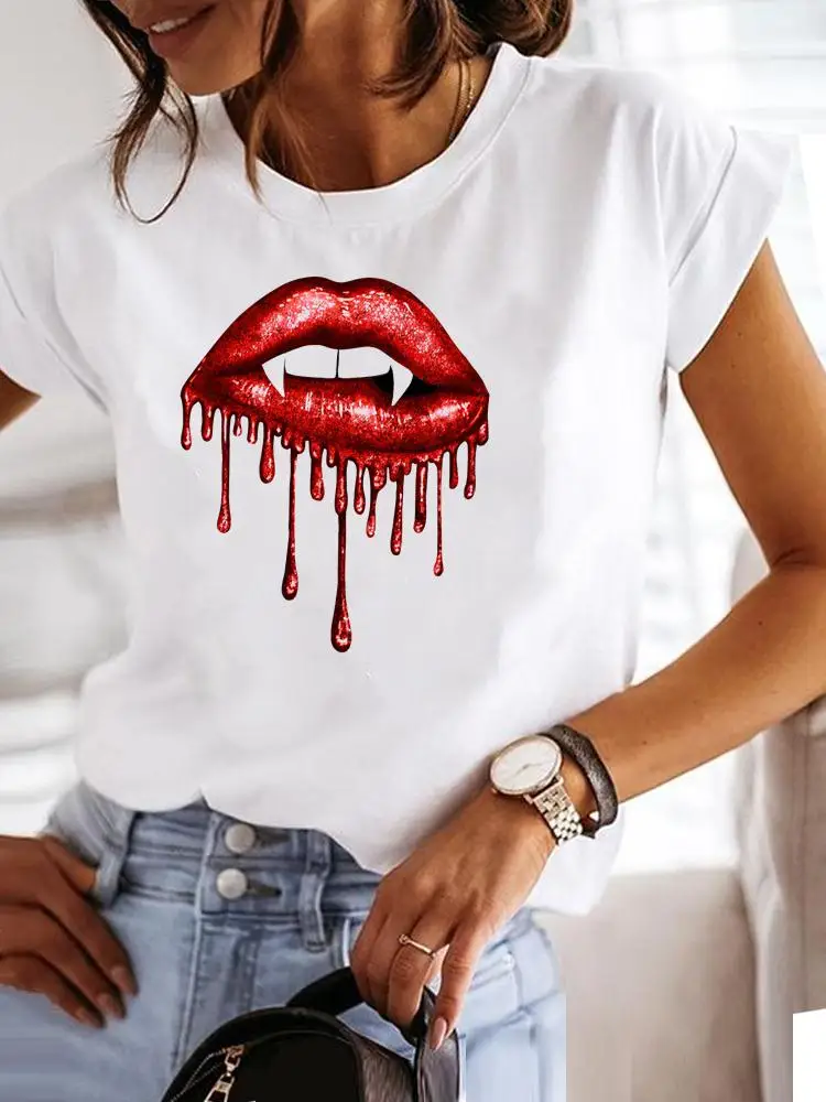 

T Shirt Clothing Tee Women Graphic T-shirt Summer Lip Watercolor Style Trend Short Sleeve Print Clothes Fashion Female Top