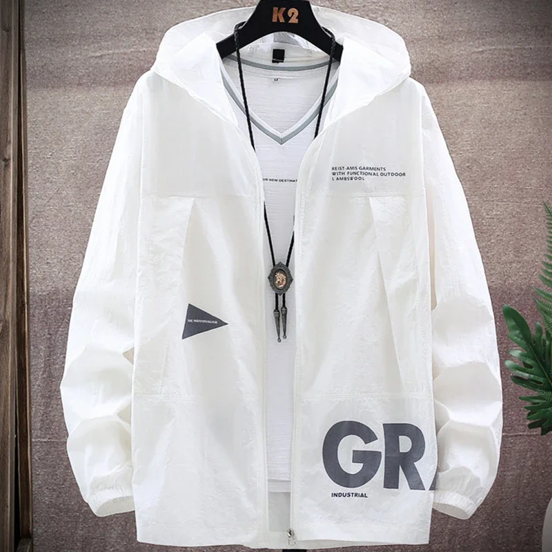 

2023 New Summer UV Protection White Skin Coats Men Fashion Letter Print Hooded Casual Thin Jackets Big Size 8XL 9XL