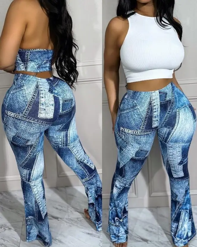 

Women's Pants 2023 Summer Fashion Street Casual Denim Look Printed High Waist Leggings Basic Trousers for Women