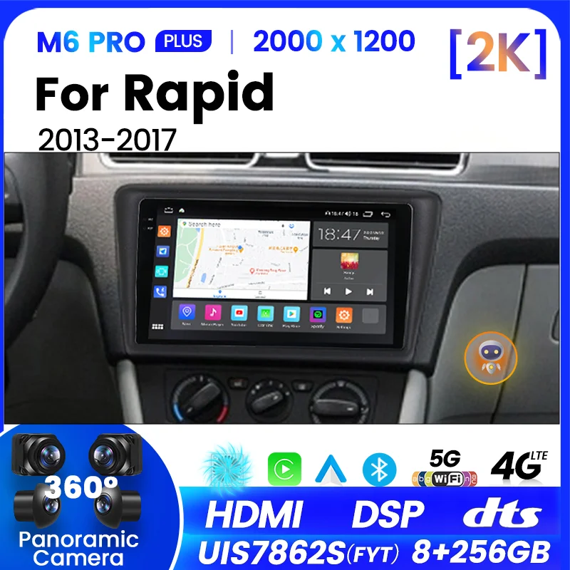 

Автомагнитола 2DIN Carplay для Skoda Rapid 2013 - 2017 Android 12 сенсорный автомобильный мультимедийный видеоплеер стерео DSP 4G + WiFi Основное устройство