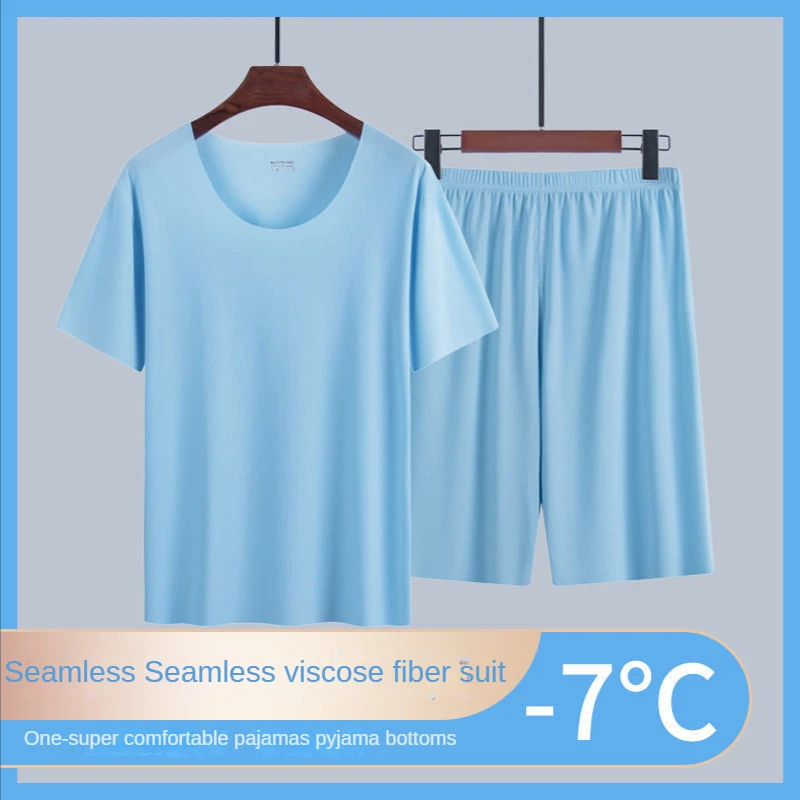 

Pajamas Sets Summer Thin men's Ice Silk Cozy Pajama Short Sleeve Round Neck Fashion No Trace Casual Home Clothing Plu Size New