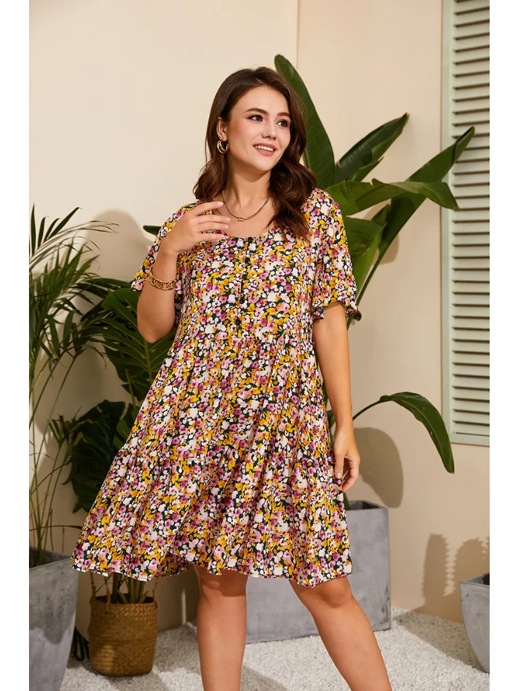 Summer new Mori chiffon dress female waist slim temperament small fresh floral knee-length dress plus size dresses