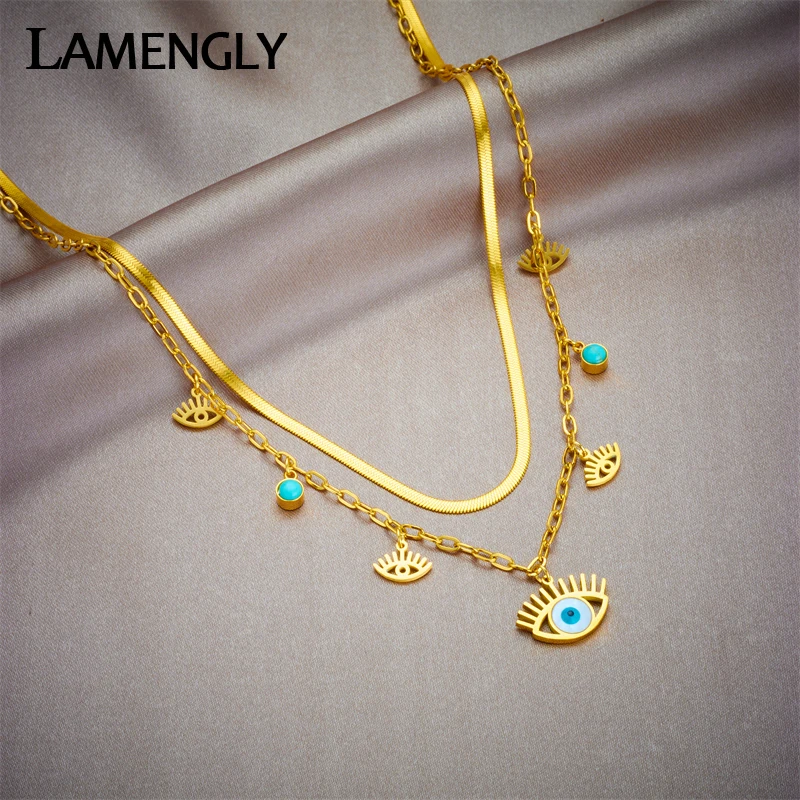 

LAMENGLY 316L Stainless Steel Blue Eyes Pendant Necklace For Women Girl New Retro 2in1 Chains Non-fading Jewelry Party Gifts