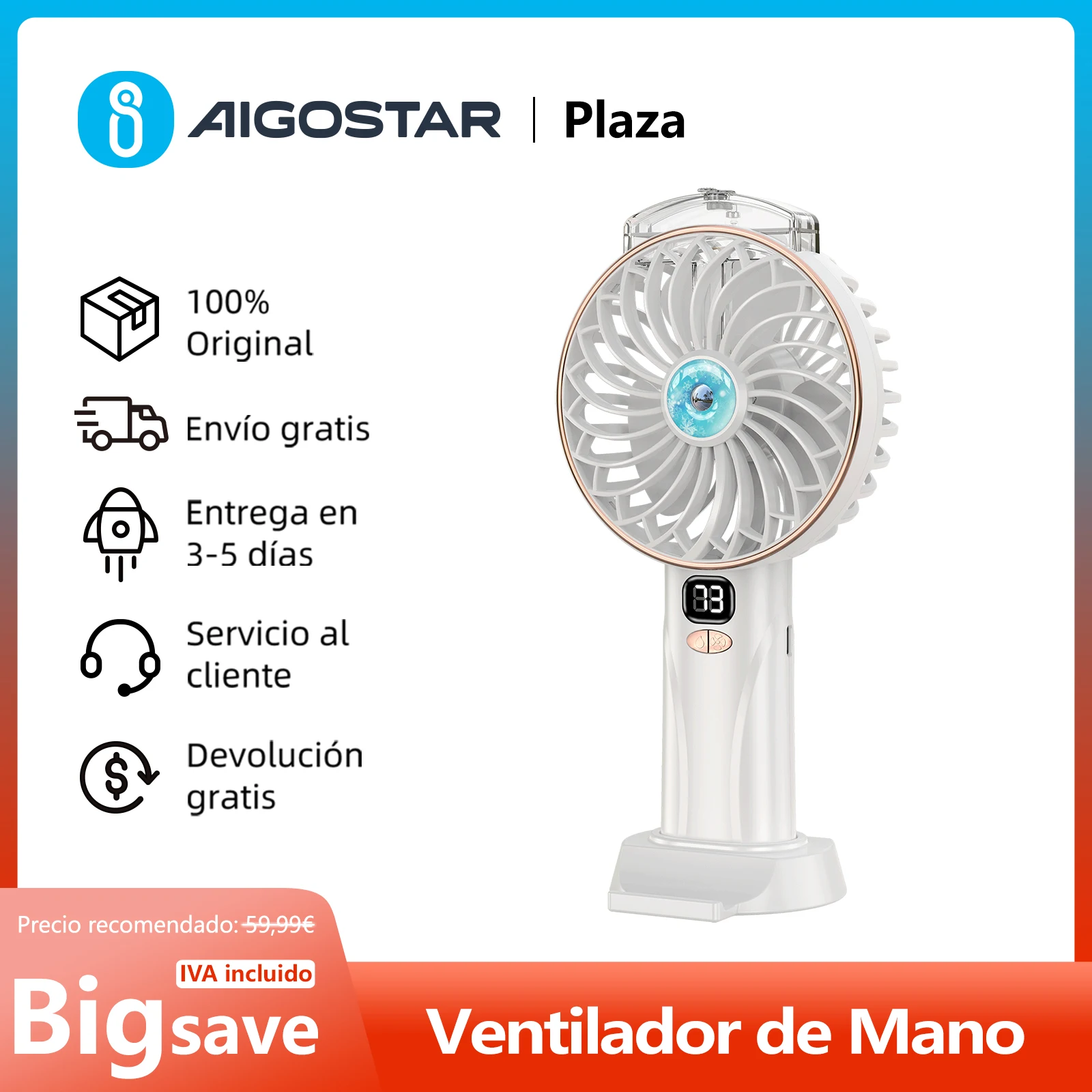 Mini Ventilador de Mano, Ventiladore Portátile Recargable por USB, 5 Velocidades con Soporte para Teléfono y Pantalla LED