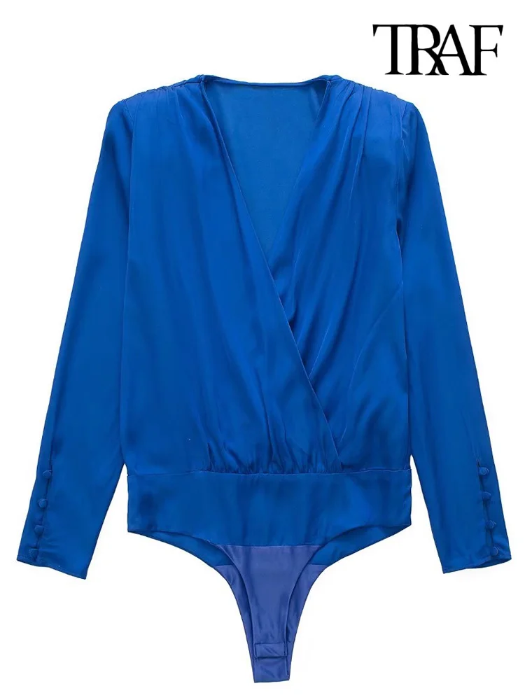 

TRAF Women Fashion Snap-button Soft Touch Bodysuits Vintage V Neck Long Sleeve Female Playsuits Mujer