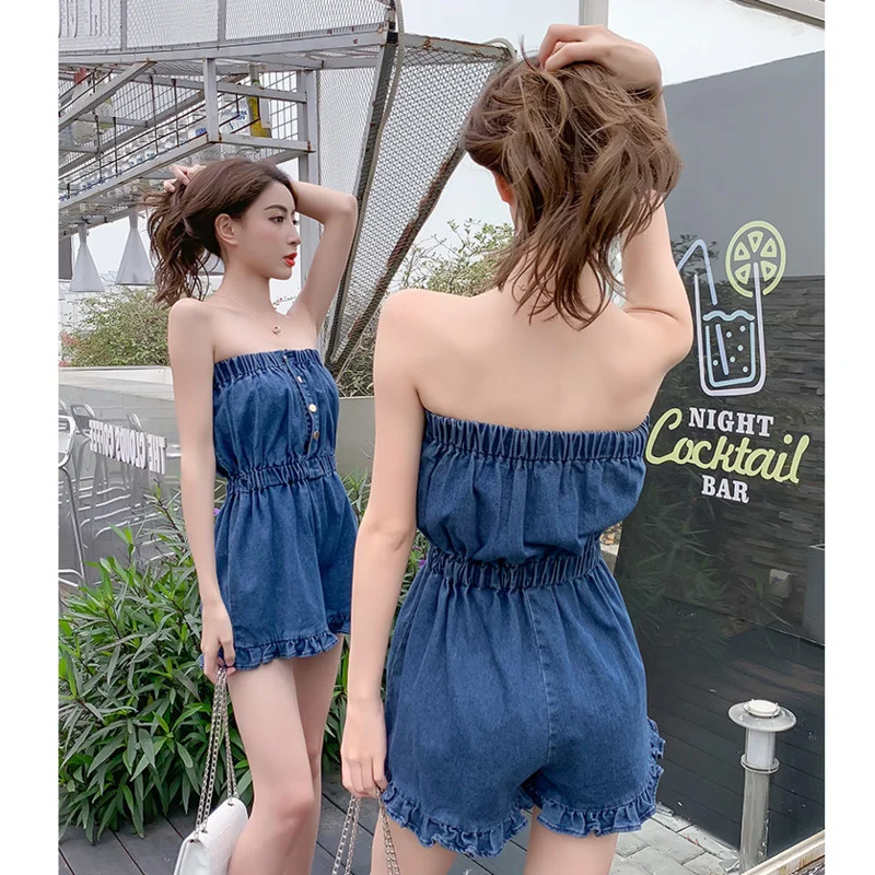 

Summer Jumpsuit Denim Women Blue Combinaison Sexy Tube Top High Waist Korean Fashion Clothing Casual Wide Leg Short Jeans Fungus